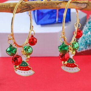 Christmas Themed Multi Charm Hoop Earrings, Bell and Christmas Tree Design